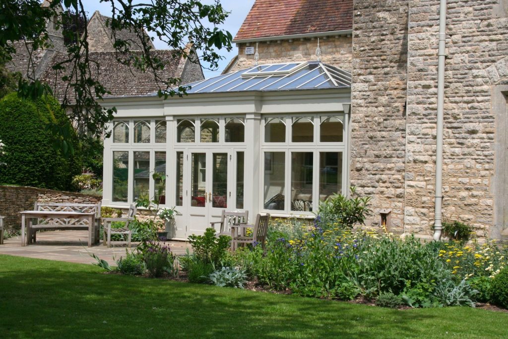 conservatory on side of house sage green timber