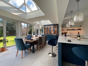 interior of an orangery kitchen extension with double roof lantern
