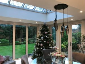 interior of orangery extension with christmas tree