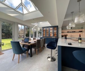 orangery extension with large kitchen island and large dining table